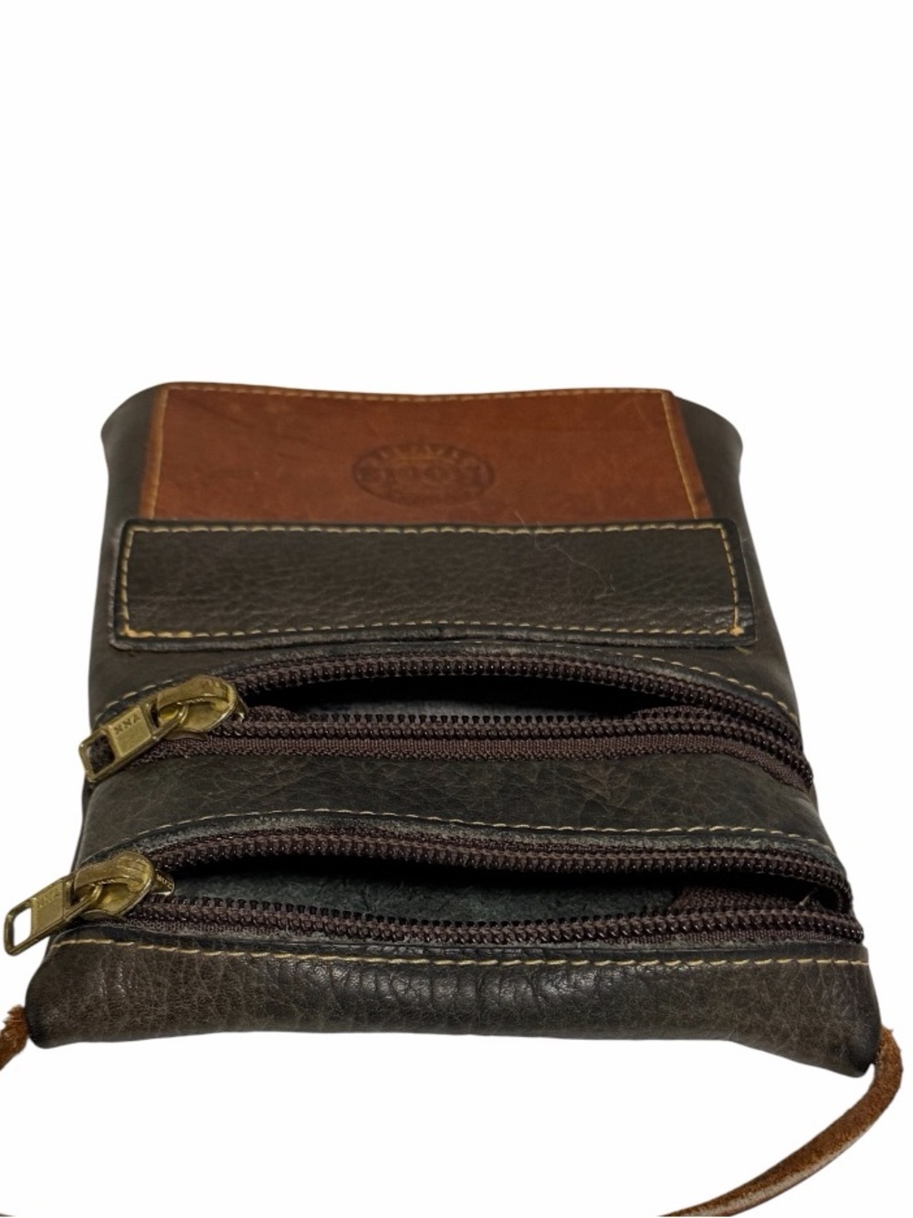 Vintage 90’s Roots Leather Hanging Pouch Crossbody in Green & Brown - Picture 9 of 13